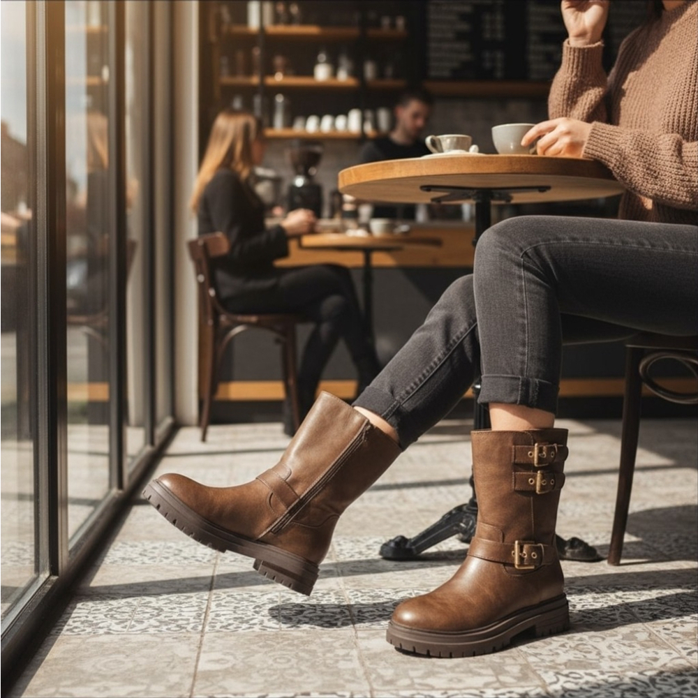 Sun + Stone Onnyx Lug Biker Moto Zip On Buckle Boots Booties 7 M Chocolate Brown